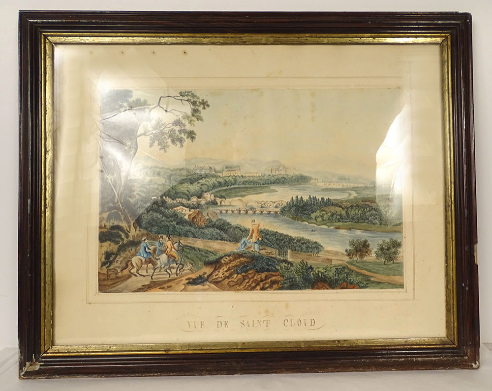 Aquarelle paysage vue Saint-Cloud d'apr. Michallon cavaliers château XIXème