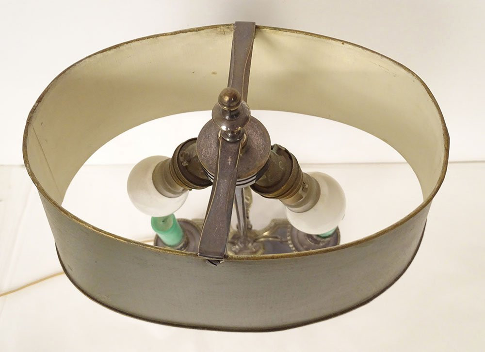 Lampe bouillotte 2 feux bronze abat-jour tôle buste cariatide flambeaux 19è-photo-3
