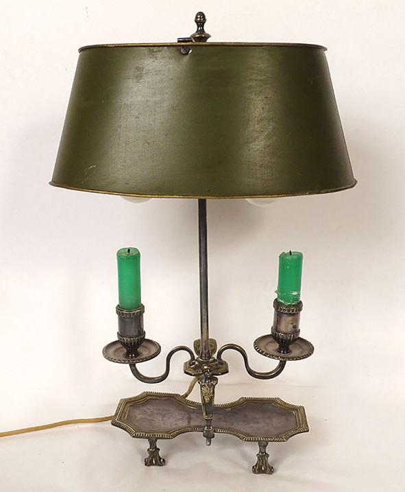 Lampe bouillotte 2 feux bronze abat-jour tôle buste cariatide flambeaux 19è