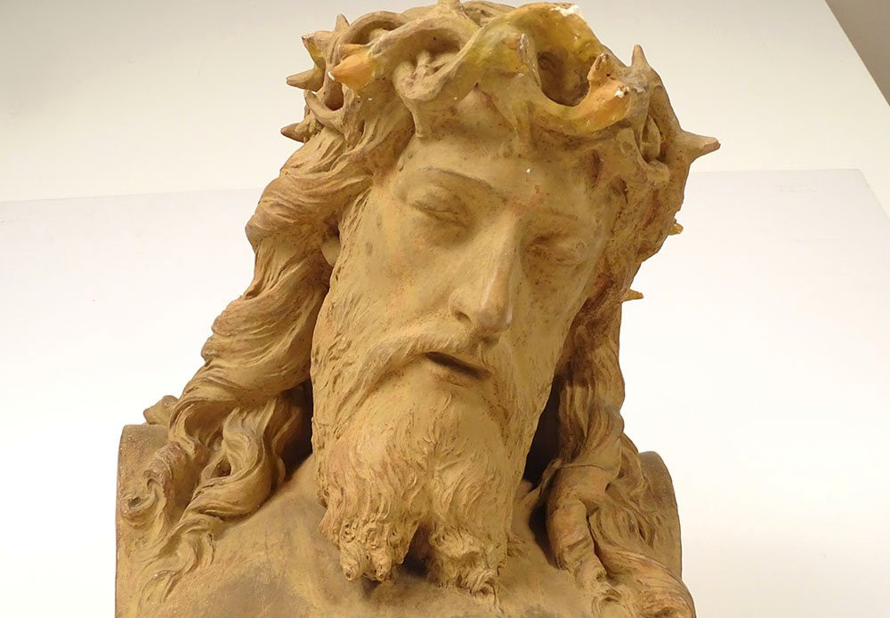 Sculpture buste Christ couronne épines J-B. Clésinger terre cuite 61cm XIXè-photo-2
