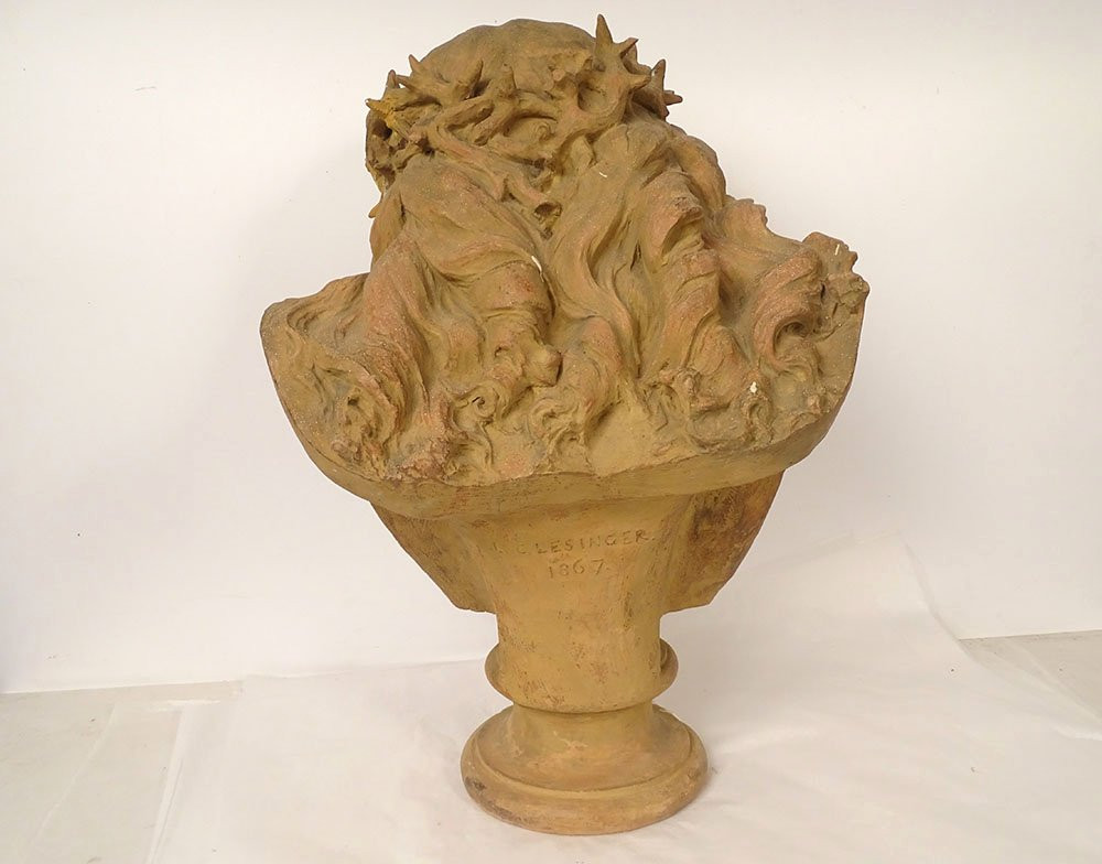 Sculpture buste Christ couronne épines J-B. Clésinger terre cuite 61cm XIXè-photo-5