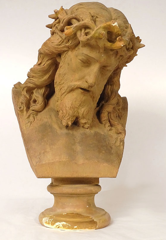 Sculpture buste Christ couronne épines J-B. Clésinger terre cuite 61cm XIXè