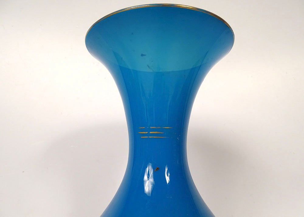 Vase opaline bleue Baccarat filets dorure fleurs Napoléon III XIXème siècle-photo-1