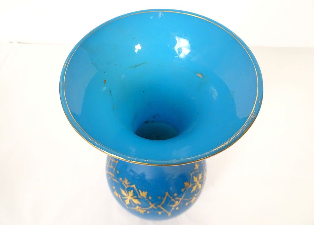 Vase opaline bleue Baccarat filets dorure fleurs Napoléon III XIXème siècle-photo-5