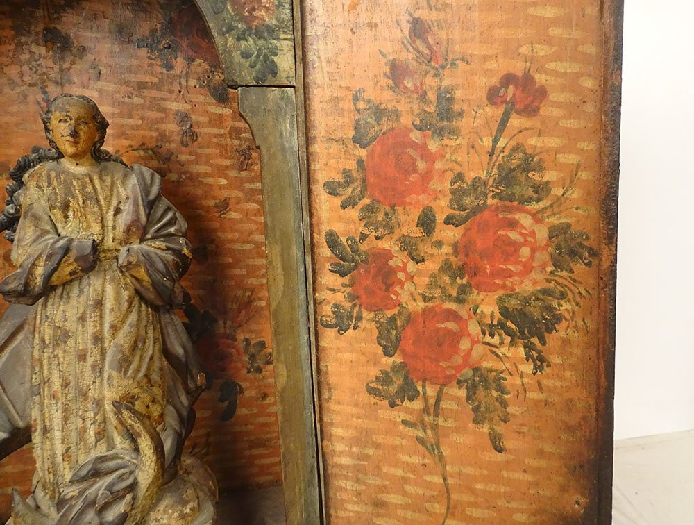 Painted Wooden Altarpiece Sculpture Of The Virgin Assumption Of Conceicao Oratory, 18th Century-photo-4