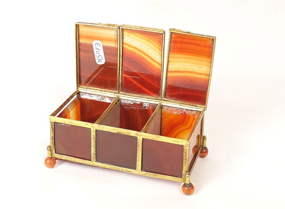 Small Three-compartment Box, Agate, Gilded Brass, 19th Century Restoration-photo-2