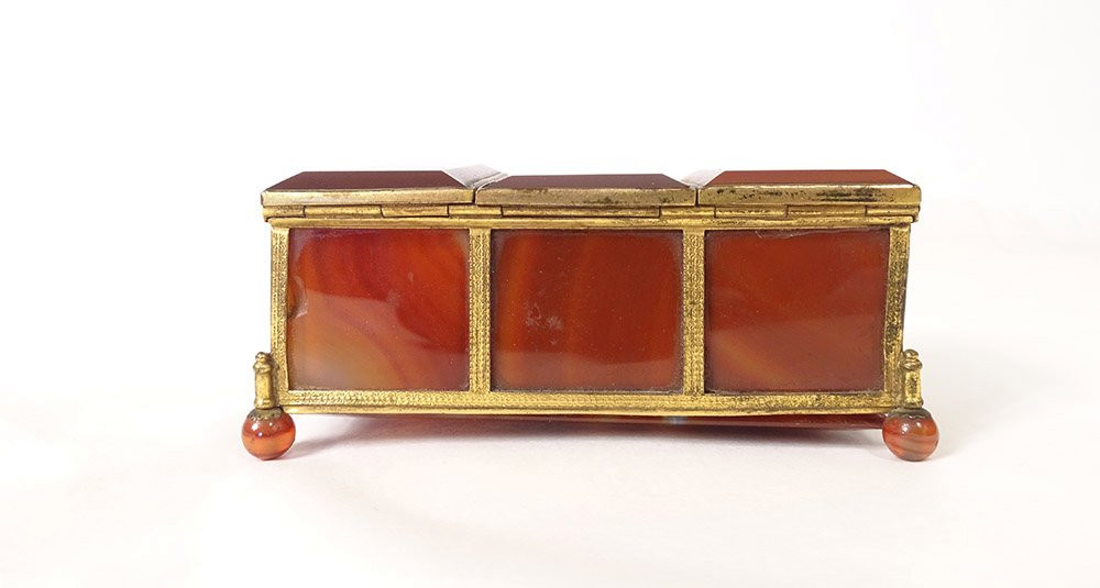 Small Three-compartment Box, Agate, Gilded Brass, 19th Century Restoration-photo-1