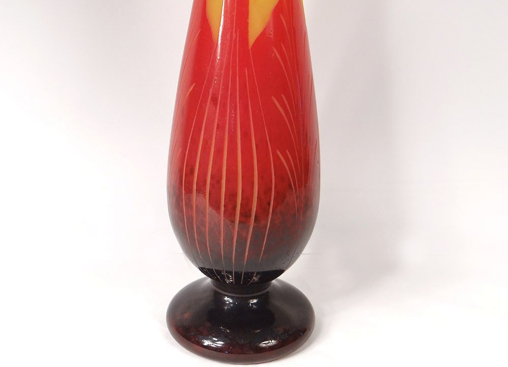 Large Glass Paste Vase Le Verre Français Schneider Art Deco Leaves 20th Century-photo-3