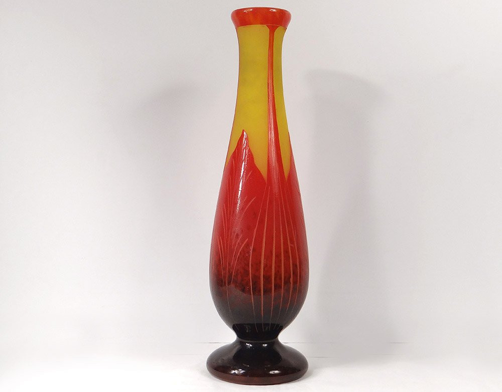 Large Glass Paste Vase Le Verre Français Schneider Art Deco Leaves 20th Century-photo-4