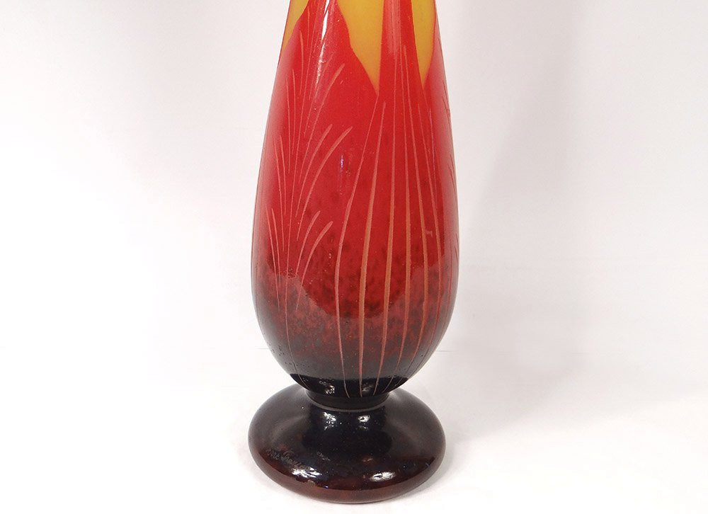 Large Glass Paste Vase Le Verre Français Schneider Art Deco Leaves 20th Century-photo-1