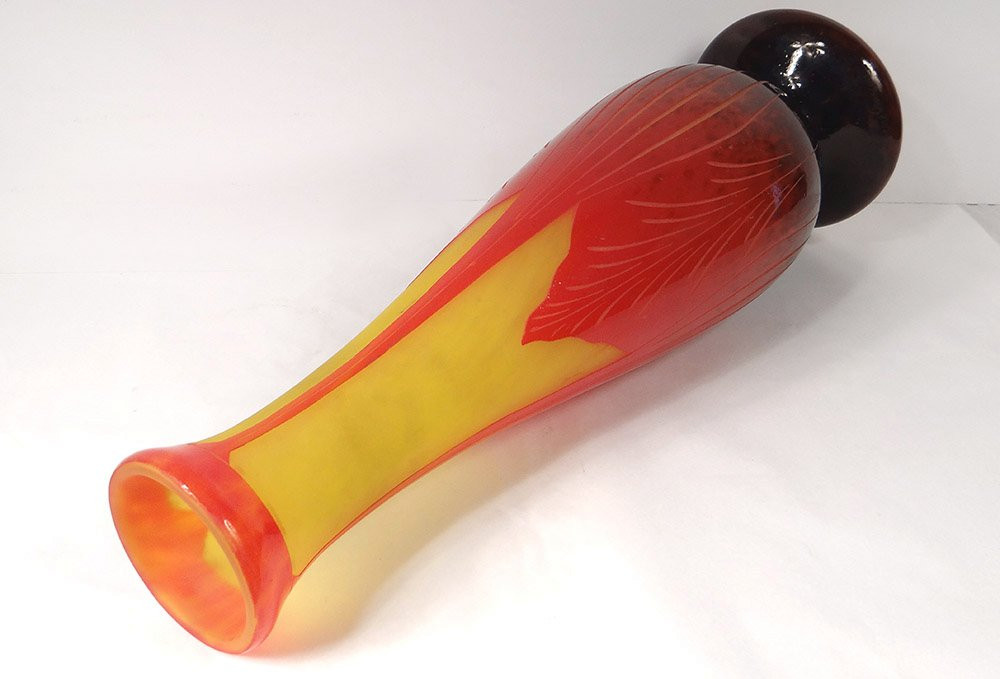 Large Glass Paste Vase Le Verre Français Schneider Art Deco Leaves 20th Century-photo-8