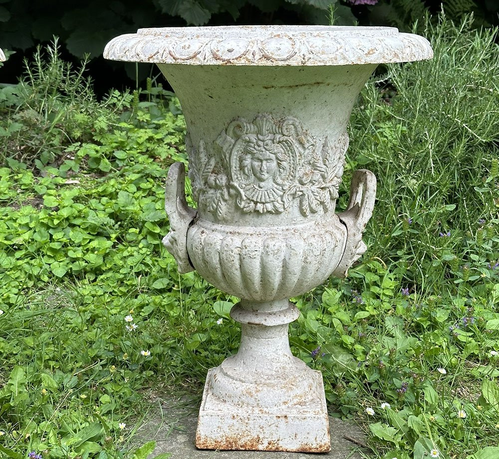 Pair Of Large Medici Vases, Cast Iron Garden Property, Fruit Masks, 20th Century-photo-2