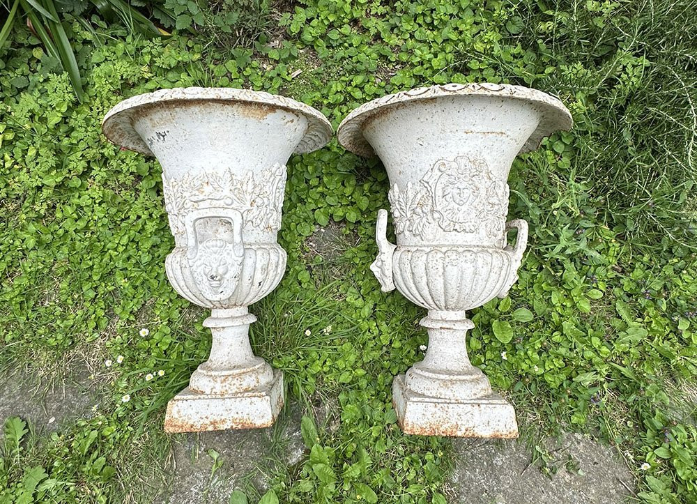 Pair Of Large Medici Vases, Cast Iron Garden Property, Fruit Masks, 20th Century-photo-7