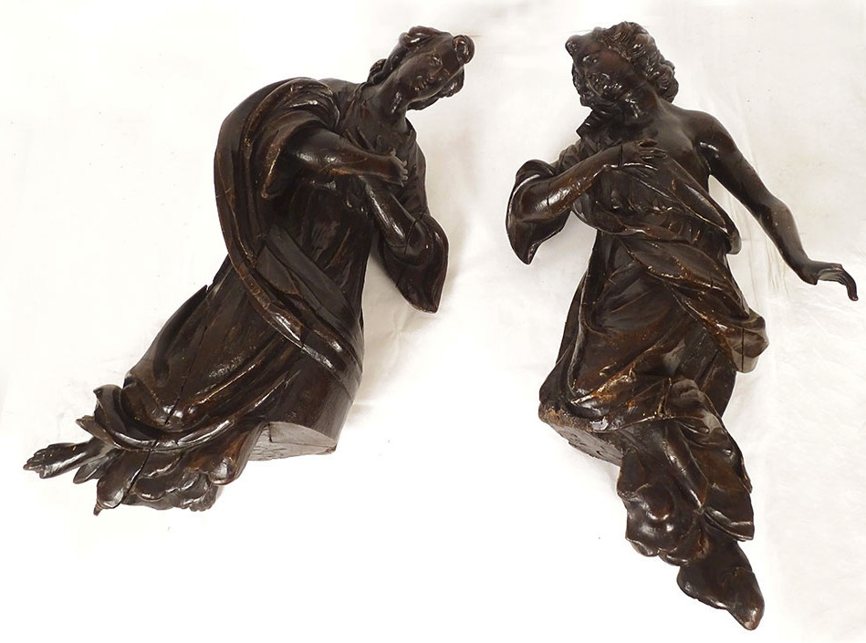 2 Large Sculptures Statues Pair Of Angels Carved Oak 17th Century