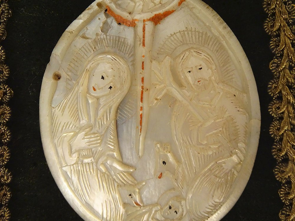 Mother-of-pearl Medallion Nativity Virgin Mary Crib Child Jesus Son Of Gold 19th Century-photo-2