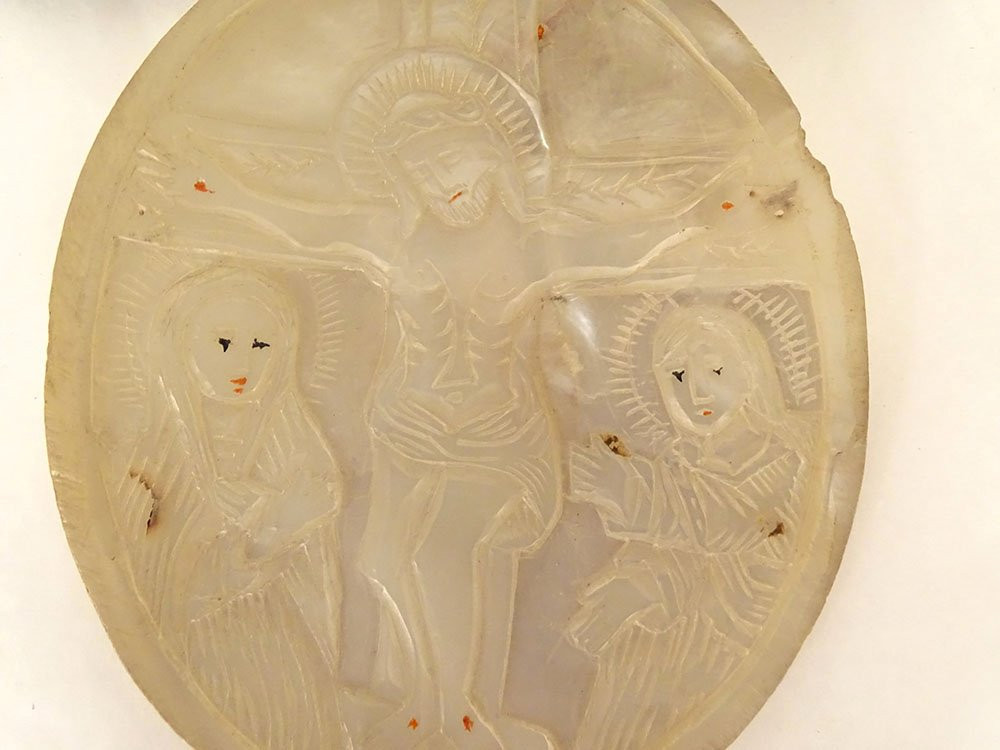 Mother-of-pearl Medallion Nativity Virgin Mary Crib Child Jesus Son Of Gold 19th Century-photo-1
