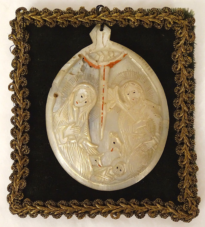 Mother-of-pearl Medallion Nativity Virgin Mary Crib Child Jesus Son Of Gold 19th Century