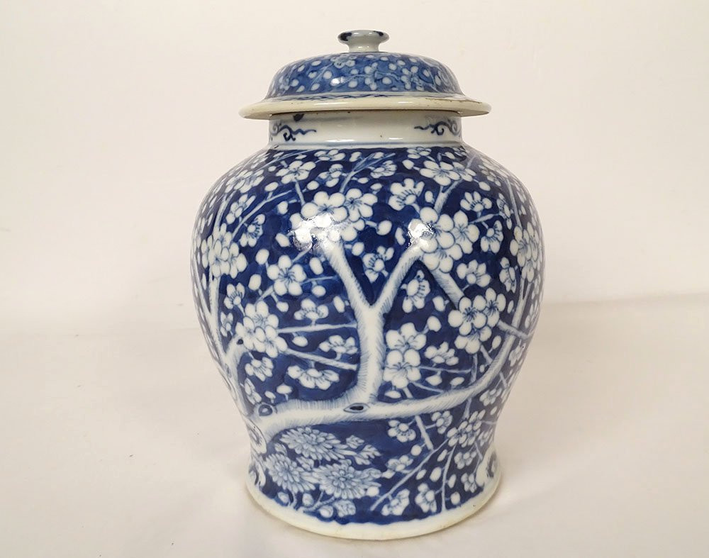 Small Covered Ginger Jar With Blue And White Chinese Porcelain, Prunus Flowers, 19th Century-photo-3