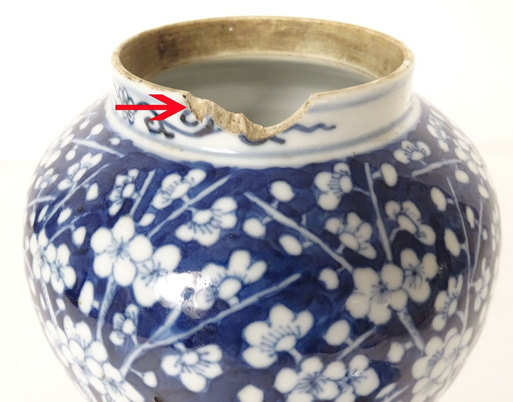 Small Covered Ginger Jar With Blue And White Chinese Porcelain, Prunus Flowers, 19th Century-photo-3