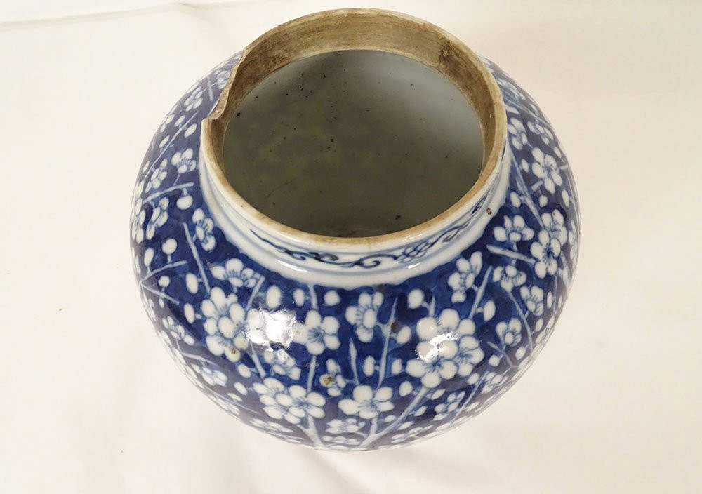 Small Covered Ginger Jar With Blue And White Chinese Porcelain, Prunus Flowers, 19th Century-photo-5