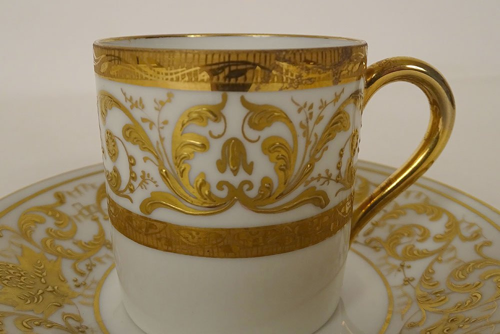 Tasse soucoupe porcelaine Paris Le Tallec dorure arabesques feuillage XXème-photo-2