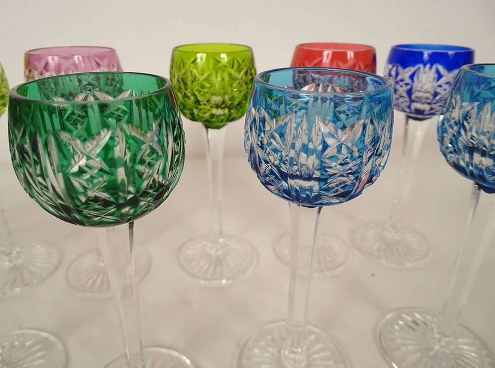 12 verres à pied à liqueur cristal Saint-Louis couleur modèle Riesling XXè-photo-2