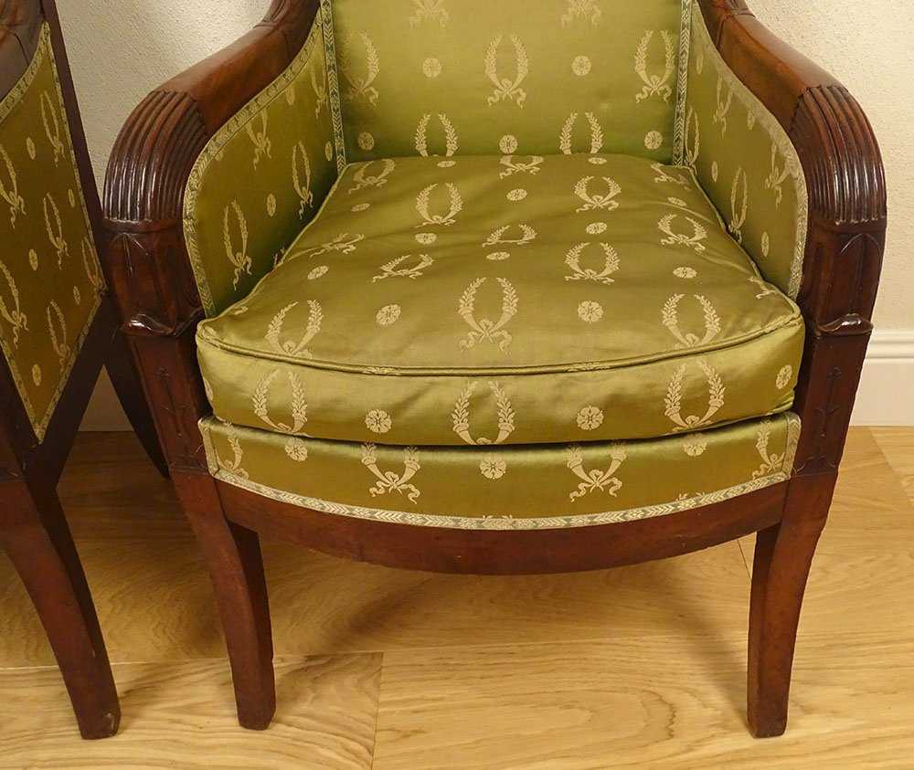 Paire bergères fauteuils Ier Empire acajou sièges XIXème siècle-photo-2