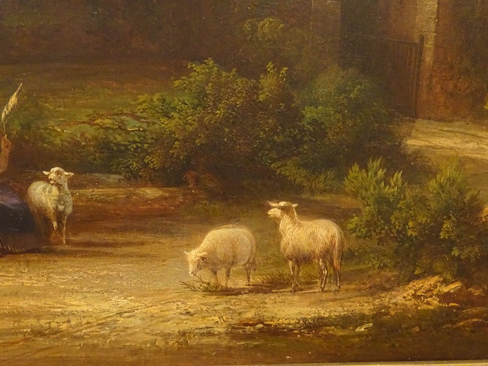 Large Hst Painting Landscape Ruins Castle Woman Spinner Sheep Signed 19th Century-photo-1