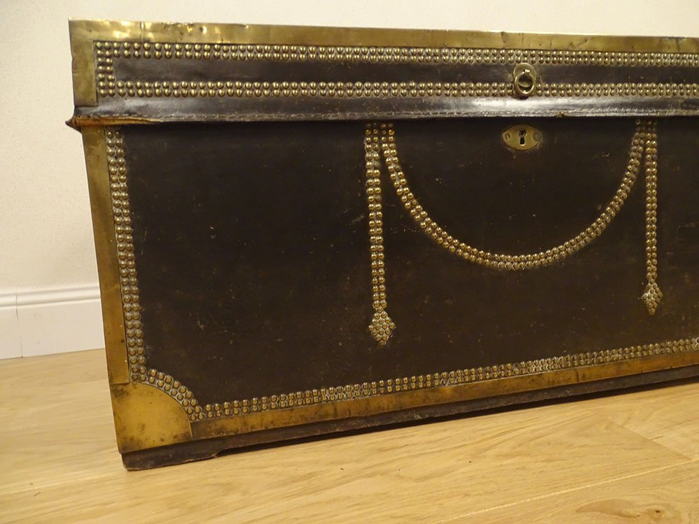 Officer's Captain's Trunk, Camphor Wood Leather Chest, Gilded Brass Monogram, 19th Century-photo-1