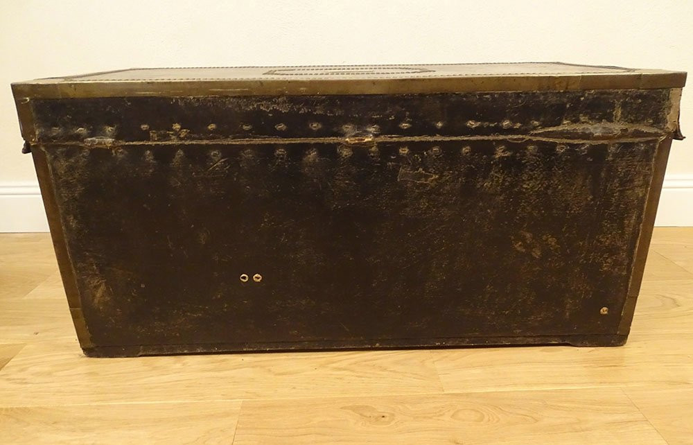 Officer's Captain's Trunk, Camphor Wood Leather Chest, Gilded Brass Monogram, 19th Century-photo-6