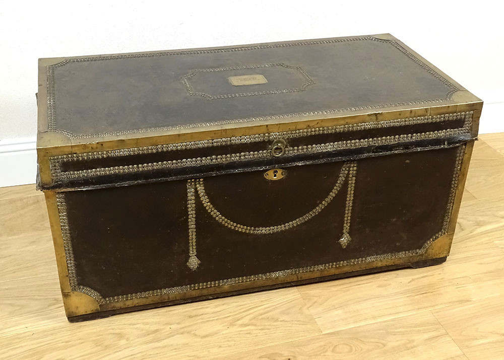 Officer's Captain's Trunk, Camphor Wood Leather Chest, Gilded Brass Monogram, 19th Century