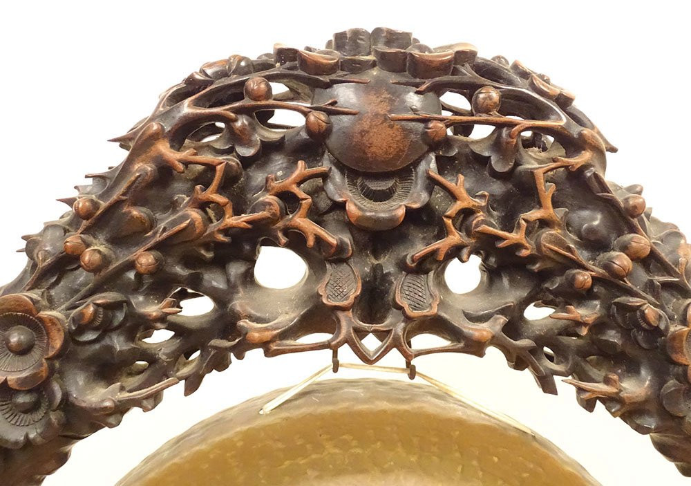Grand gong indochinois bois exotique sculpté cuivre Indochine Vietnam XXème-photo-3
