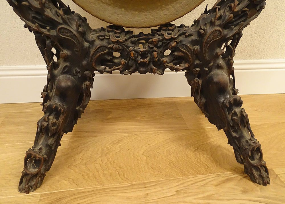 Grand gong indochinois bois exotique sculpté cuivre Indochine Vietnam XXème-photo-2