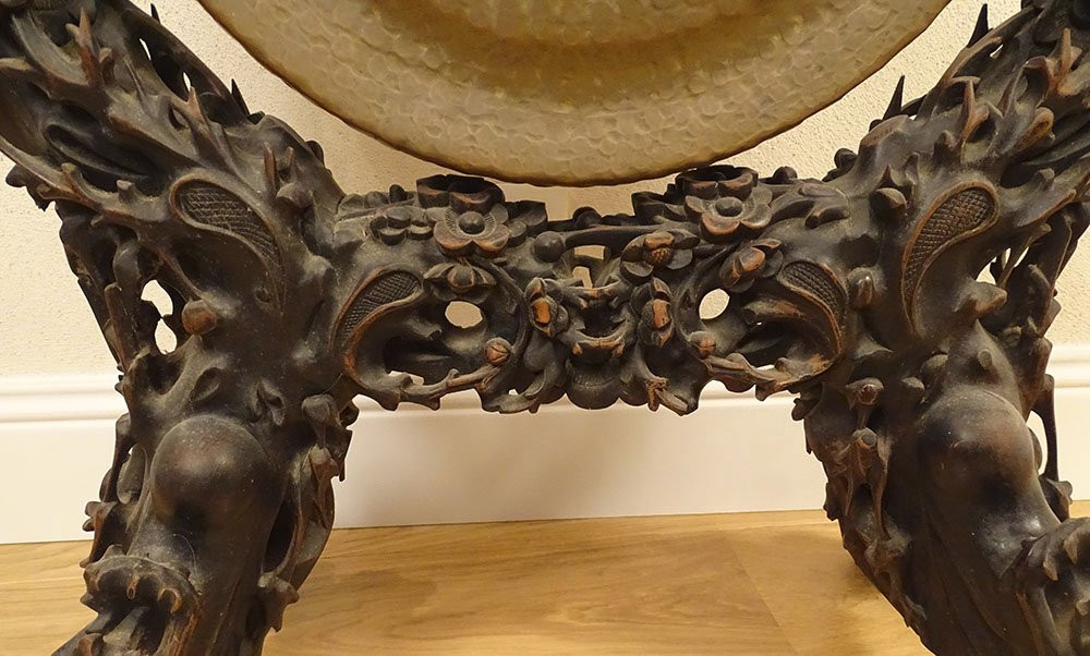 Grand gong indochinois bois exotique sculpté cuivre Indochine Vietnam XXème-photo-3