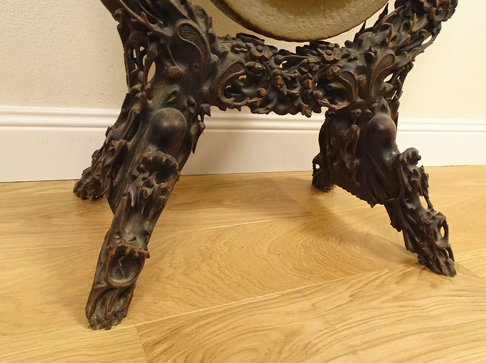Grand gong indochinois bois exotique sculpté cuivre Indochine Vietnam XXème-photo-4