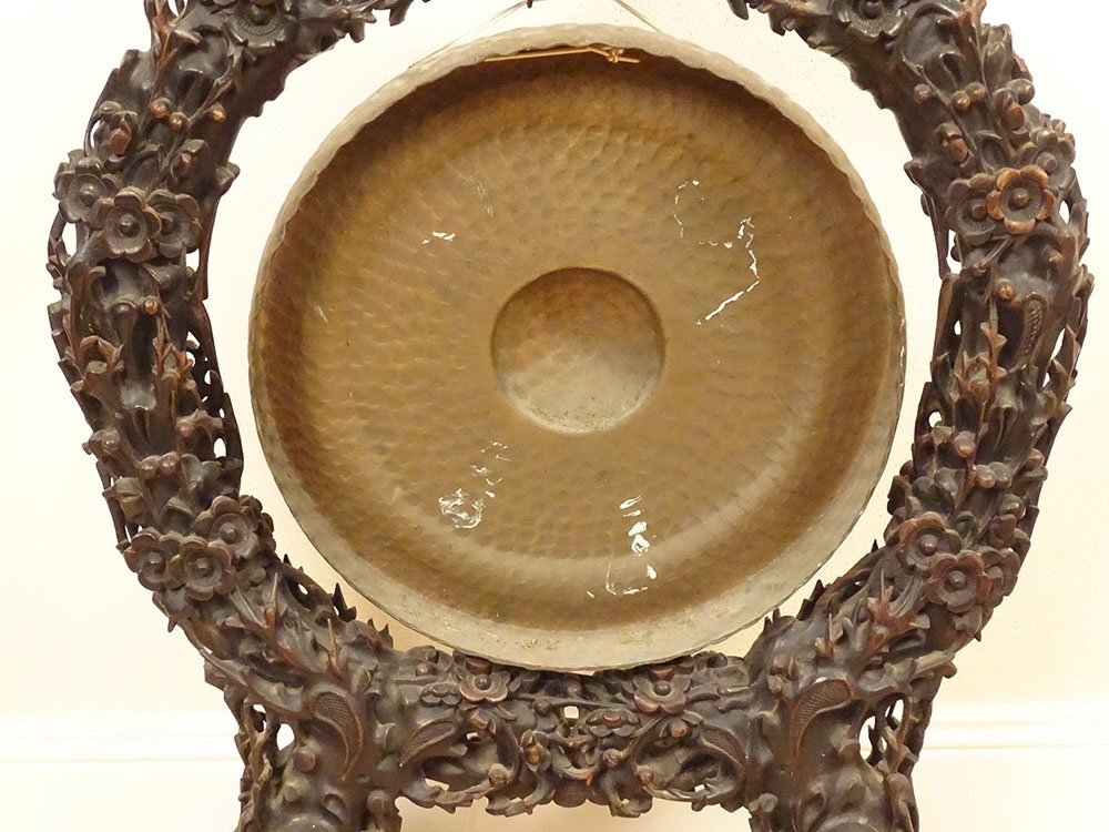 Grand gong indochinois bois exotique sculpté cuivre Indochine Vietnam XXème-photo-7