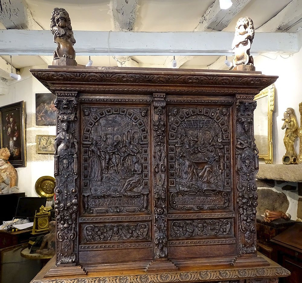 Cabinet chêne Renaissance flamande panneaux sculptés cariatides Cluny 16è-photo-2