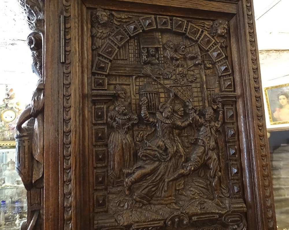 Cabinet chêne Renaissance flamande panneaux sculptés cariatides Cluny 16è-photo-2