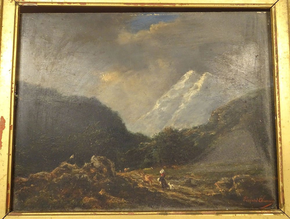 HSP tableau Edouard Chauvin paysage montagnes femme bergère troupeau XIXè-photo-2