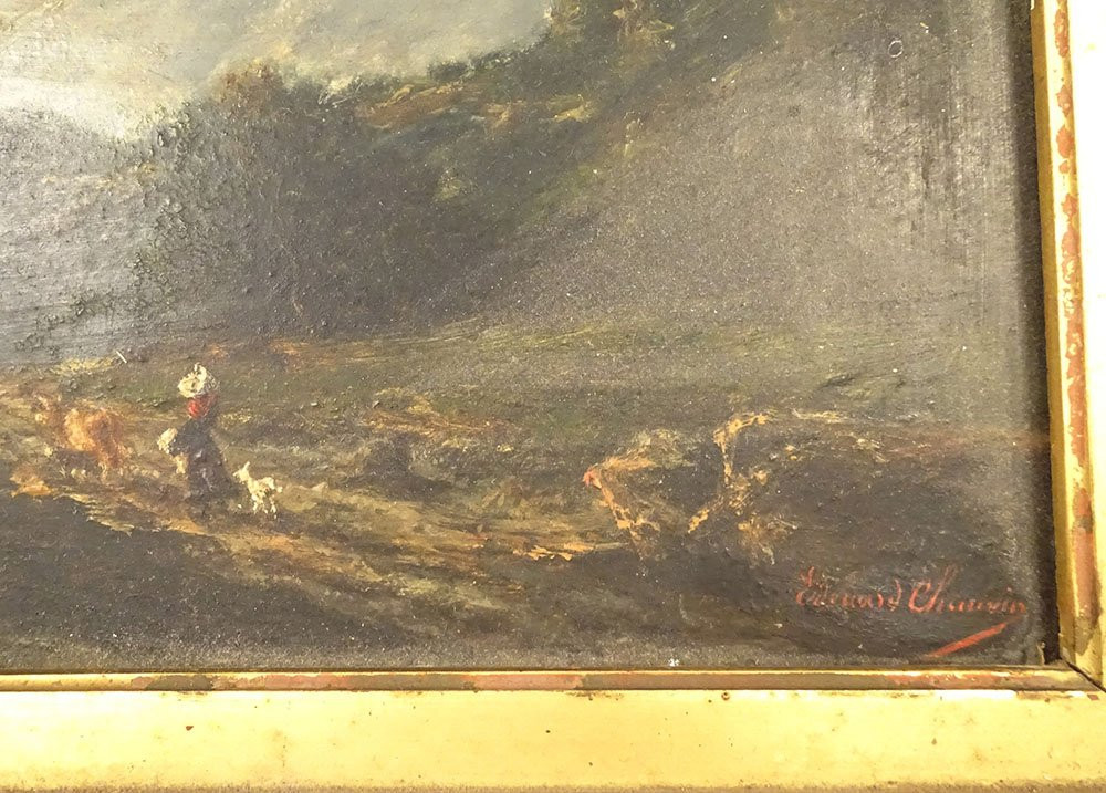 HSP tableau Edouard Chauvin paysage montagnes femme bergère troupeau XIXè-photo-1