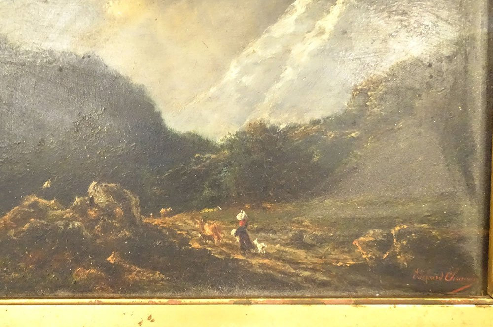 HSP tableau Edouard Chauvin paysage montagnes femme bergère troupeau XIXè-photo-2