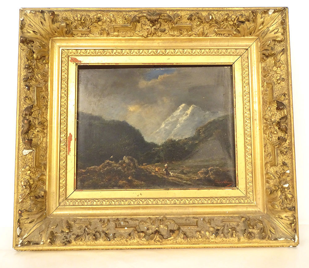 HSP tableau Edouard Chauvin paysage montagnes femme bergère troupeau XIXè