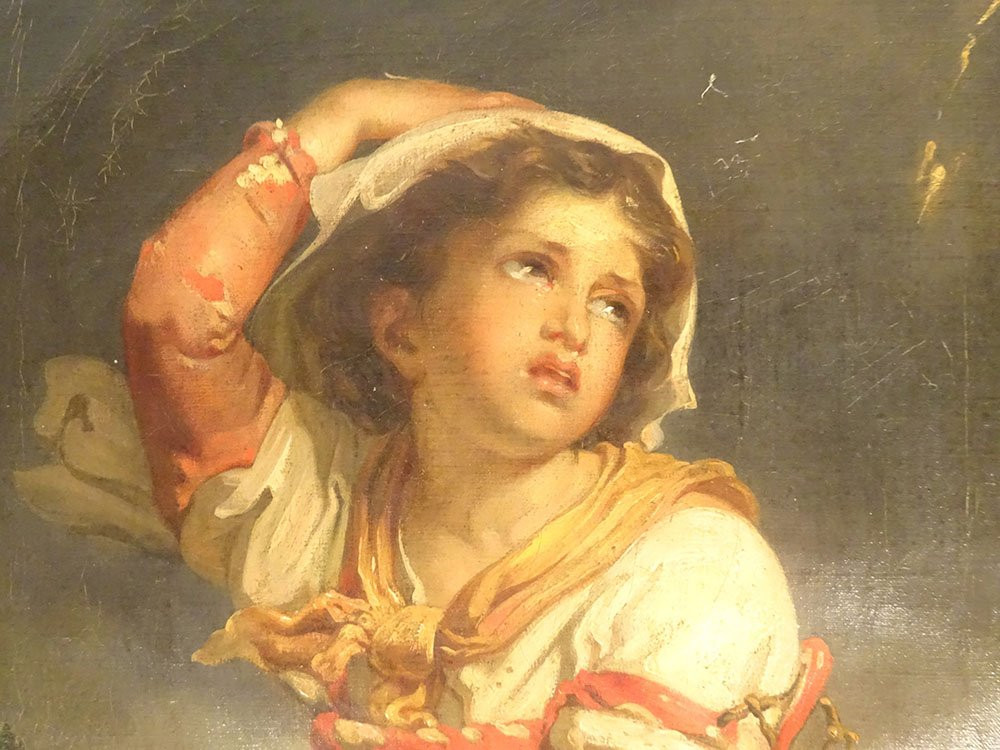 Hst Painting By Giuseppe Mazzolini, Young Girl With Basket Fleeing The Storm, 19th Century-photo-2