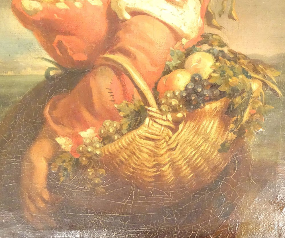 Hst Painting By Giuseppe Mazzolini, Young Girl With Basket Fleeing The Storm, 19th Century-photo-3
