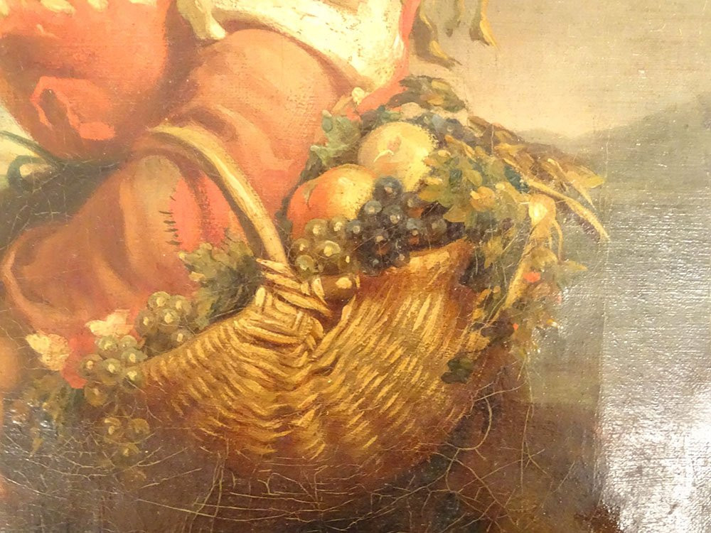Hst Painting By Giuseppe Mazzolini, Young Girl With Basket Fleeing The Storm, 19th Century-photo-2