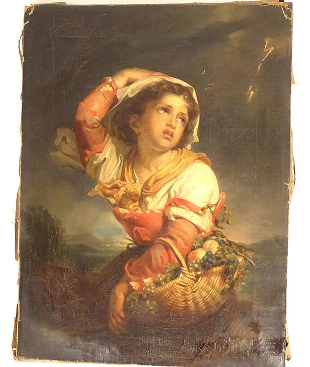 Hst Painting By Giuseppe Mazzolini, Young Girl With Basket Fleeing The Storm, 19th Century