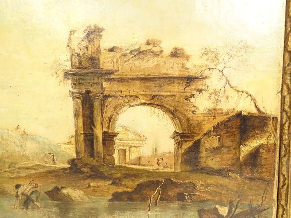 HST tableau paysage italien Capriccio ruines Venise Arc Triomphe Guardi 19è-photo-2