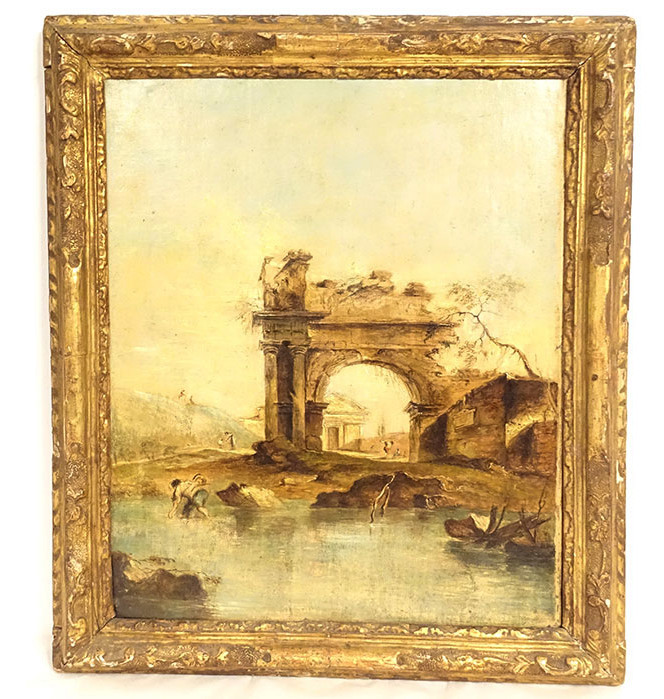 HST tableau paysage italien Capriccio ruines Venise Arc Triomphe Guardi 19è