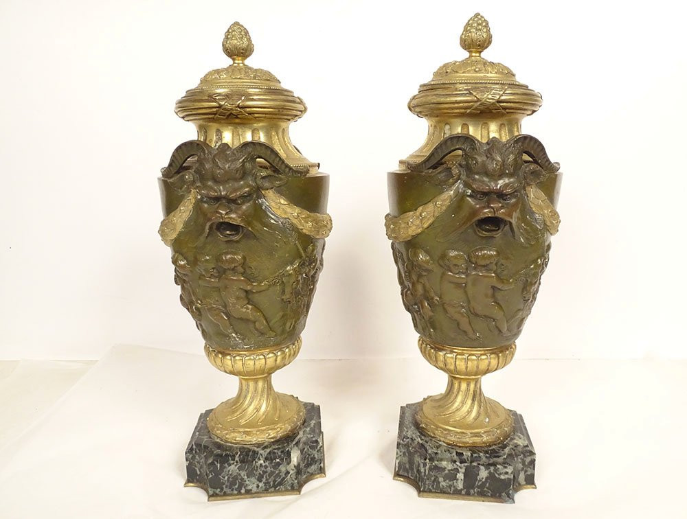 Paire grandes cassolettes pots vases bronze modèle Clodion Barbedienne XIXè-photo-5
