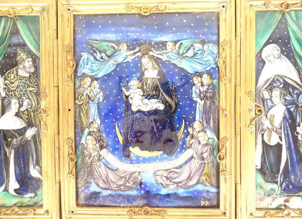 Triptyque émaux Limoges Assomption Vierge Marie anges St Pierre roi XIXème-photo-2